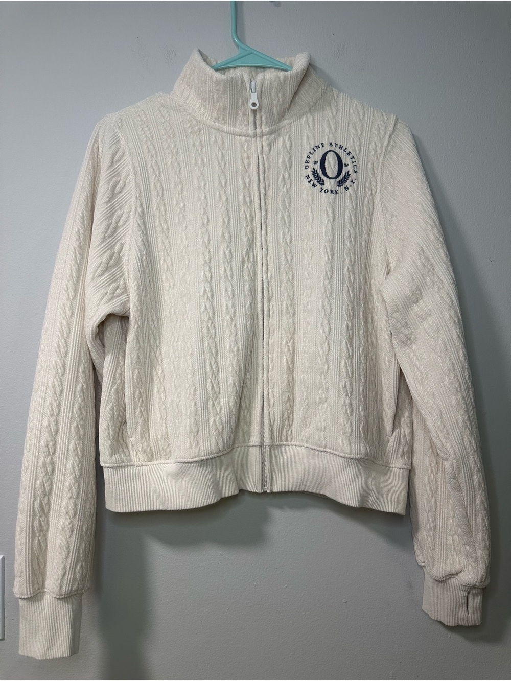 aerie Cream Cable-Knit Zip Mock Neck Cardigan